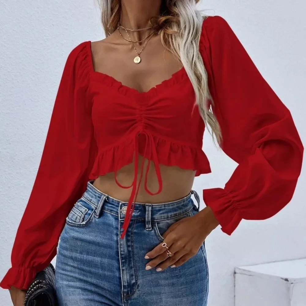 Shein Red Long Sleeved Cinched Crop Top Size Medium